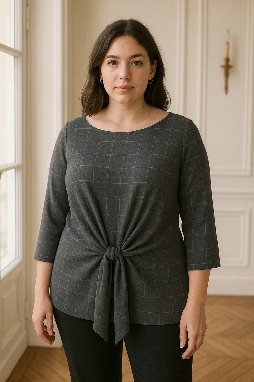 Eloquii Black Gray Window Pane Check Tie Front Top 22